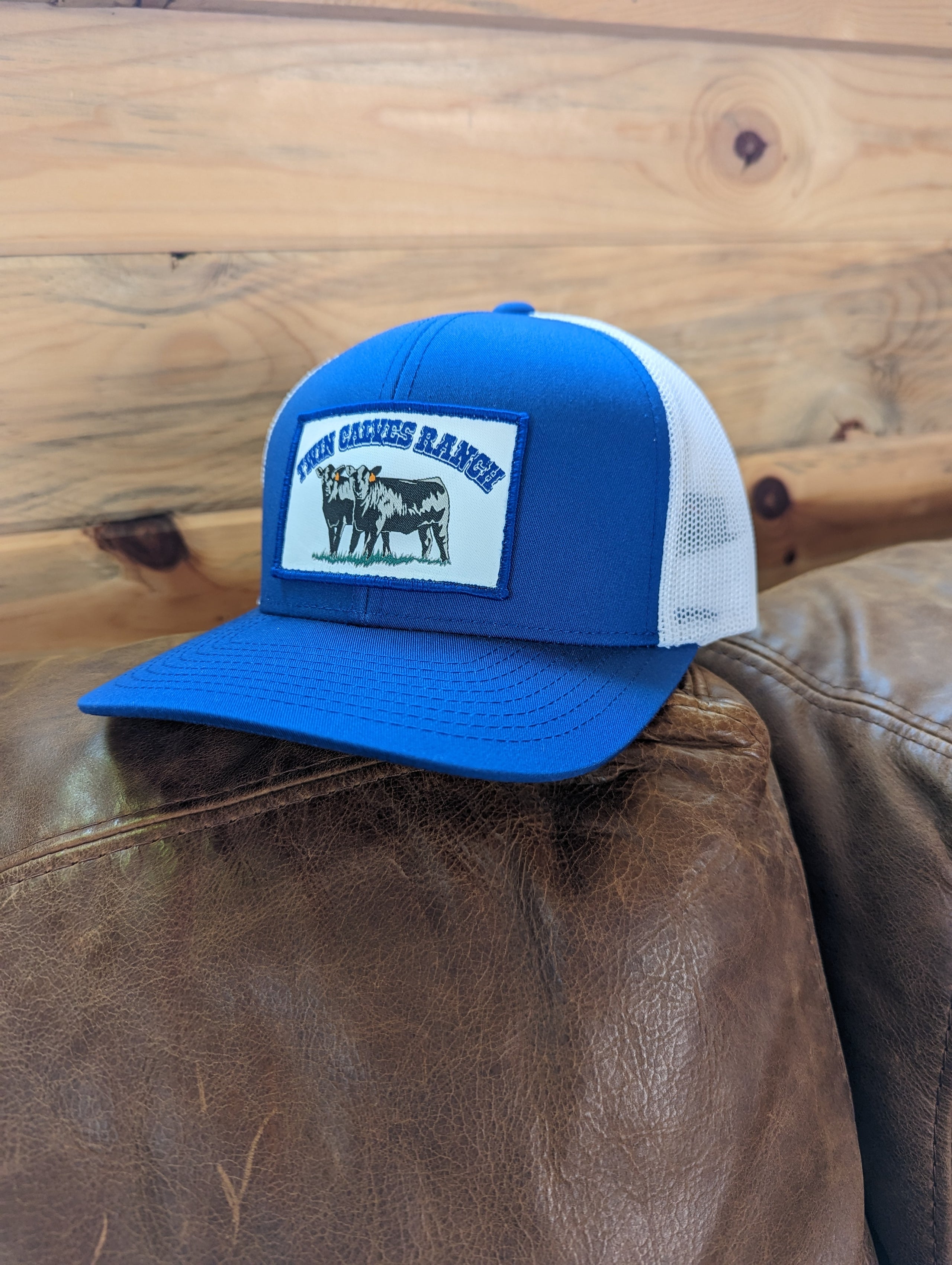 Royal Blue on White Trucker Mesh Hat Twin Calves Ranch